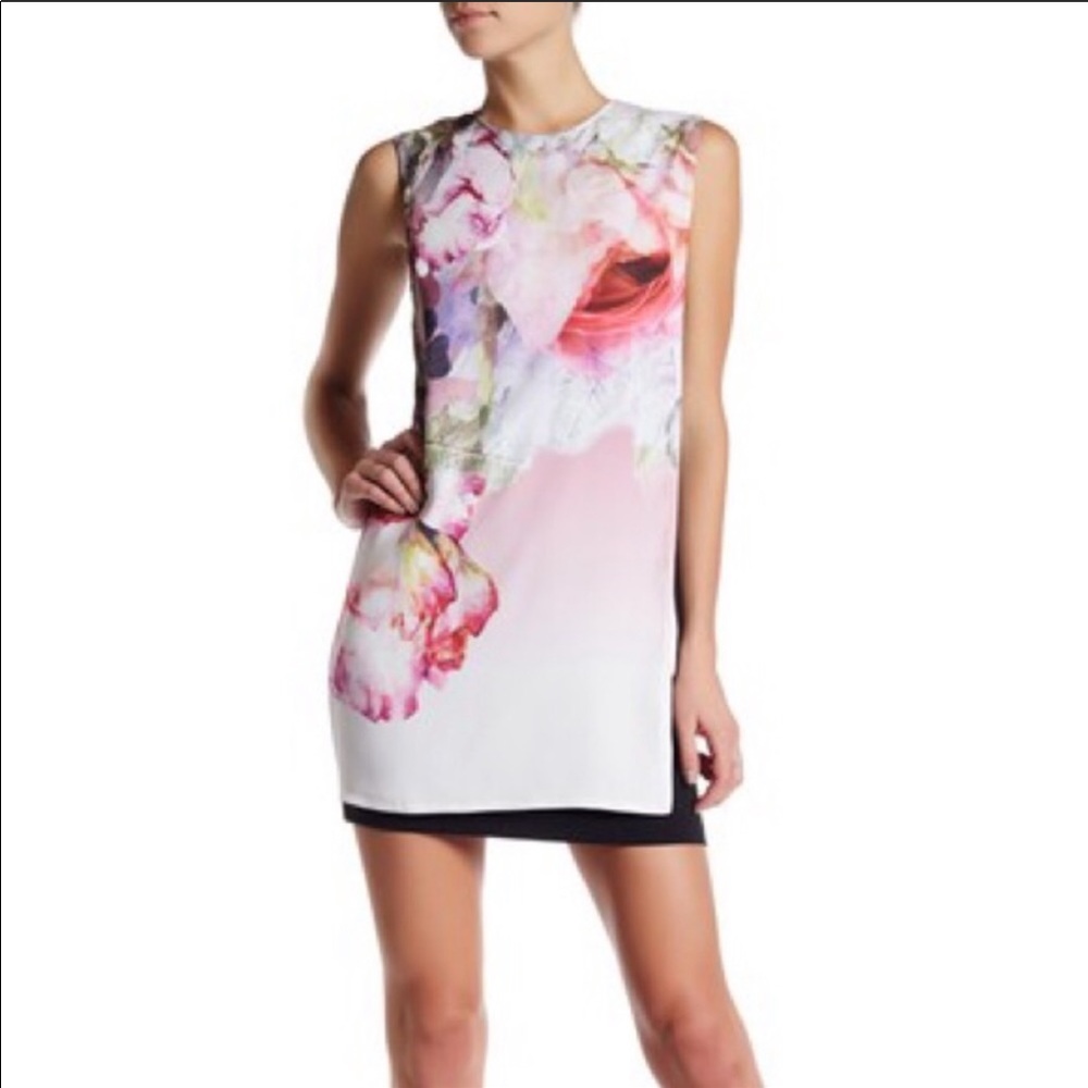 Ted Baker White Floral Print Mini Dress with Pink Accents